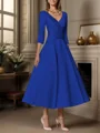 A-line V-neck 3/4 Sleeves Pleated Tea-Length Satin Mother of the Bride Dress