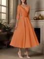 A-line V-neck 3/4 Sleeves Pleated Tea-Length Satin Mother of the Bride Dress