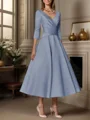 A-line V-neck 3/4 Sleeves Pleated Tea-Length Satin Mother of the Bride Dress