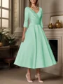 A-line V-neck 3/4 Sleeves Pleated Tea-Length Satin Mother of the Bride Dress