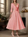 A-line V-neck 3/4 Sleeves Pleated Tea-Length Satin Mother of the Bride Dress
