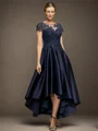 A-line Bateau Short Sleeves Applique Asymmetrical Satin Mother of the Bride Dress