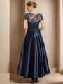 A-line Bateau Short Sleeves Applique Asymmetrical Satin Mother of the Bride Dress