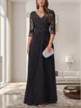 A-line V-neck 3/4 Sleeves Ruffles Floor-Length Chiffon Mother of the Bride Dress