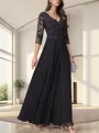 A-line V-neck 3/4 Sleeves Ruffles Floor-Length Chiffon Mother of the Bride Dress