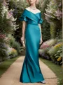 Sheath Off-the-Shoulder Short Sleeves Pleated Floor-Length Satin Mother of the Bride Dress
