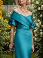 Sheath Off-the-Shoulder Short Sleeves Pleated Floor-Length Satin Mother of the Bride Dress