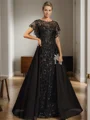 A-line Bateau Short Sleeves Sequin Floor-Length Chiffon Mother of the Bride Dress