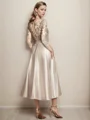A-line V-neck 3/4 Sleeves Applique Tea-Length Satin Mother of the Bride Dress
