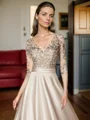 A-line V-neck 3/4 Sleeves Applique Tea-Length Satin Mother of the Bride Dress
