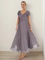 A-line V-neck Short Sleeves Ruffles Ankle-Length Chiffon Mother of the Bride Dress