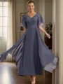A-line V-neck Short Sleeves Ruffles Ankle-Length Chiffon Mother of the Bride Dress