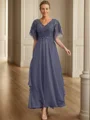 A-line V-neck Short Sleeves Ruffles Ankle-Length Chiffon Mother of the Bride Dress