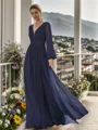 A-line V-neck Long Sleeves Ruffles Floor-Length Chiffon Mother of the Bride Dress
