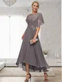 A-line Bateau 1/2 Sleeves Ruffles Asymmetrical Chiffon Mother of the Bride Dress