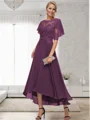 A-line Bateau 1/2 Sleeves Ruffles Asymmetrical Chiffon Mother of the Bride Dress