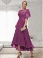 A-line Bateau 1/2 Sleeves Ruffles Asymmetrical Chiffon Mother of the Bride Dress