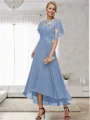 A-line Bateau 1/2 Sleeves Ruffles Asymmetrical Chiffon Mother of the Bride Dress