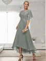 A-line Bateau 1/2 Sleeves Ruffles Asymmetrical Chiffon Mother of the Bride Dress