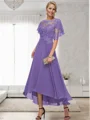 A-line Bateau 1/2 Sleeves Ruffles Asymmetrical Chiffon Mother of the Bride Dress
