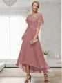 A-line Bateau 1/2 Sleeves Ruffles Asymmetrical Chiffon Mother of the Bride Dress