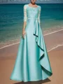 A-line Scoop 3/4 Sleeves Ruffles Floor-Length Satin Mother of the Bride Dress