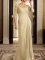 Sheath/Column Chiffon Applique Ruched V-neck 1/2 Sleeves Floor-Length Mother of the Bride Dress