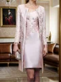 Sheath/Column Satin Applique Scoop Long Sleeves Knee-Length Mother of the Bride Dress