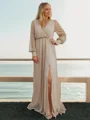 A-line/Princess V-neck Floor-Length Long Sleeves Keyhole Mother of the Bride Dresses