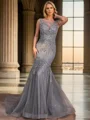 Trumpet/Mermaid Jewel Sweep Train Tulle Sleeveless V Back Mother of the Bride Dresses