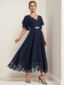 A-line/Princess Chiffon V-neck 1/2 Sleeves Ankle-Length Mother of the Bride Dress