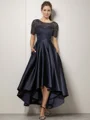 A-line/Princess Satin Scoop Short Sleeves Asymmetrical Mother of the Bride Dress