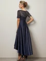 A-line/Princess Satin Scoop Short Sleeves Asymmetrical Mother of the Bride Dress
