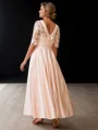 A-line Scoop 1/2 Sleeves Appliques Lace Ankle-Length Satin Mother of the Bride Dress