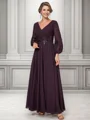 A-line V-neck Long Sleeves Appliques Lace Ankle-Length Chiffon Mother of the Bride Dress
