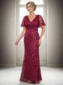 Sheath V-neck Short Sleeves Floor-Length Lace Mother of the Bride Dress