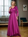 A-line V-neck 3/4 Sleeves Pleated Floor-Length Satin Chiffon Mother of the Bride Dress