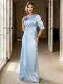 Sheath Scoop 1/2 Sleeves Pleated Floor-Length Silk Like Satin Mother of the Bride Dress
