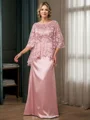 Sheath Scoop 3/4 Sleeves Appliques Lace Floor-Length Silk Like Satin Mother of the Bride Dress