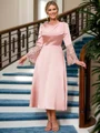 A-line Scoop Long Sleeves Appliques Lace Tea-Length Silk Like Satin Mother of the Bride Dress
