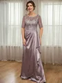 Sheath Scoop 1/2 Sleeves Appliques Lace Floor-Length Silk Like Satin Mother of the Bride Dress