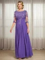 A-line Scoop 1/2 Sleeves Appliques Lace Floor-Length Chiffon Mother of the Bride Dress