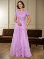 A-line Scoop Short Sleeves Appliques Lace Floor-Length Tulle Mother of the Bride Dress