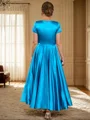 A-line V-neck Short Sleeves Pleated Ankle-Length Silk Like Satin Mother of the Bride Dress