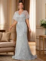 Sheath V-neck Short Sleeves Sweep Train Mother of the Bride Dress