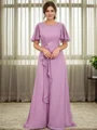 A-line Scoop Short Sleeves Appliques Lace Floor-Length Chiffon Mother of the Bride Dress