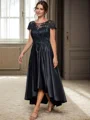 A-line Scoop Short Sleeves Appliques Lace Asymmetrical Satin Mother of the Bride Dress