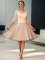 A-line Scoop 3/4 Sleeves Appliques Lace Knee-Length Tulle Mother of the Bride Dress