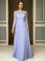 A-line Bateau Long Sleeves Appliques Lace Sweep Train Chiffon Mother of the Bride Dress
