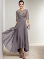 A-Line Bateau 1/2 Sleeves Applique Asymmetrical Chiffon Mother of the Bride Dress